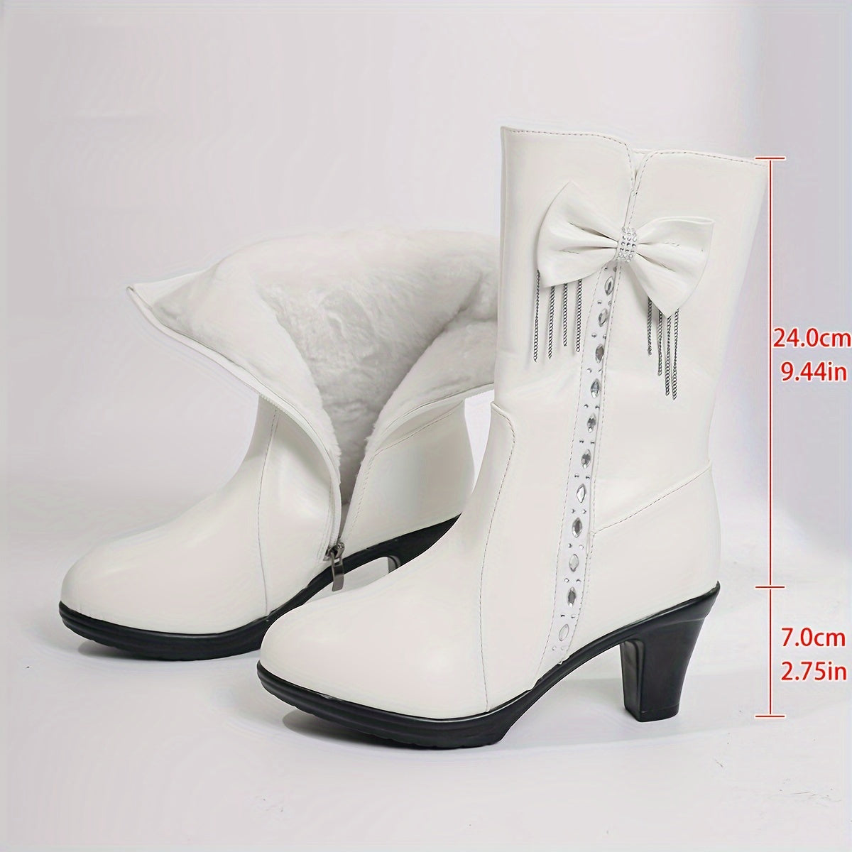 Bottes Bowknot À Talon Bloc Doublure Peluche Zip Femme