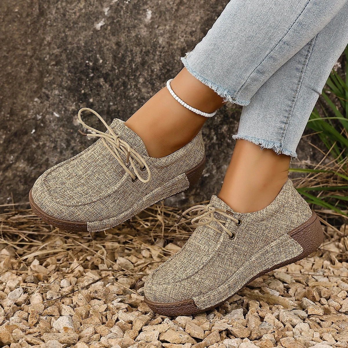 Livenna - Sapatos Barefoot Femininos em Tecido com Atacadores e Sola Confortável
