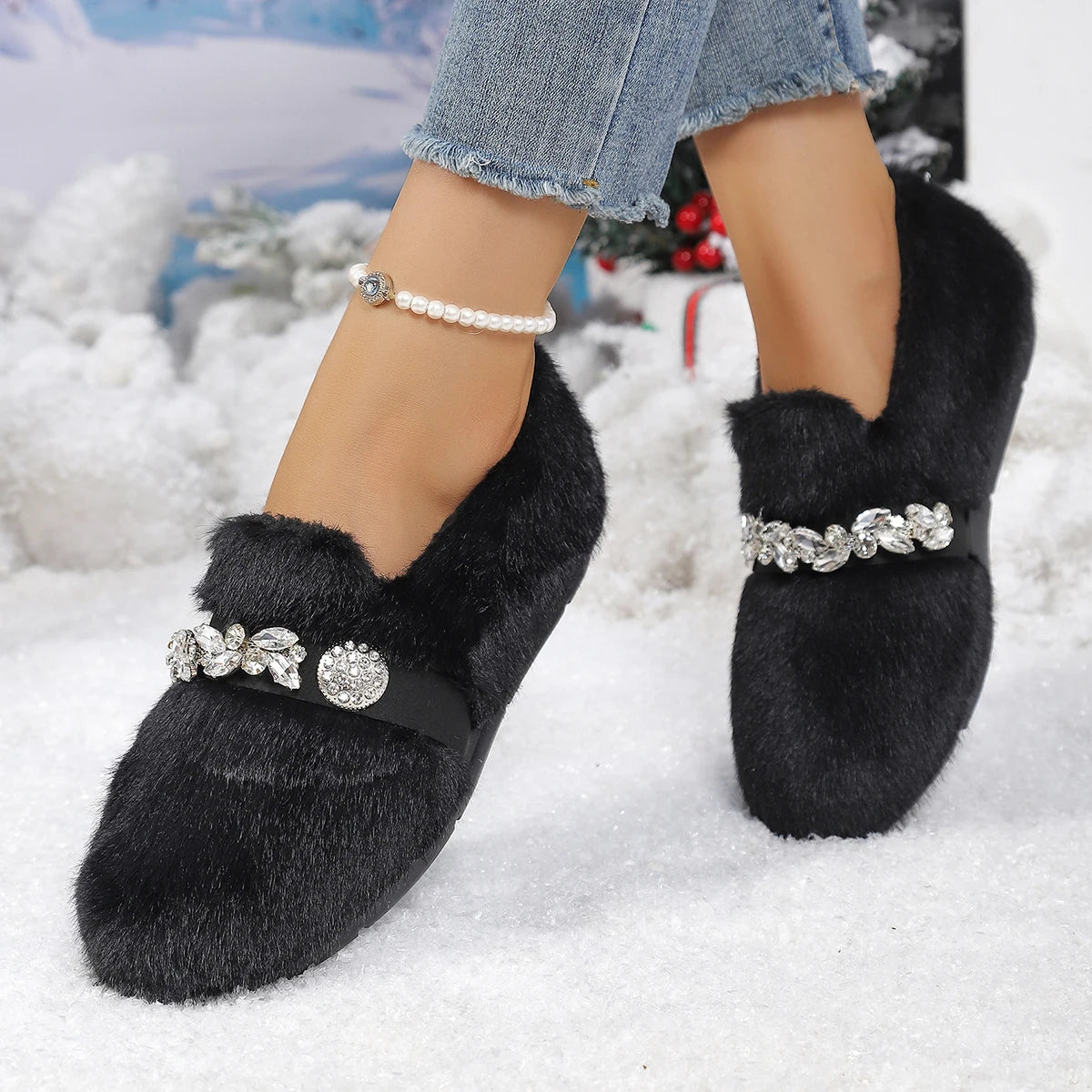 Liorenne - Sapatos Femininos de Inverno com Pelo e Brilho