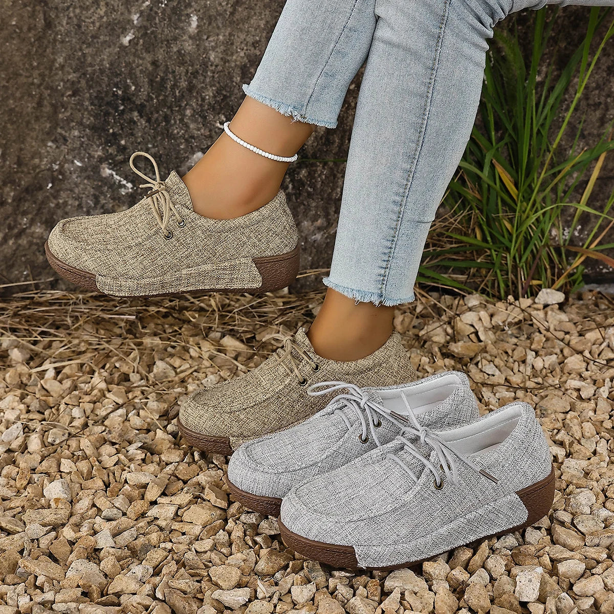 Livenna - Sapatos Barefoot Femininos em Tecido com Atacadores e Sola Confortável