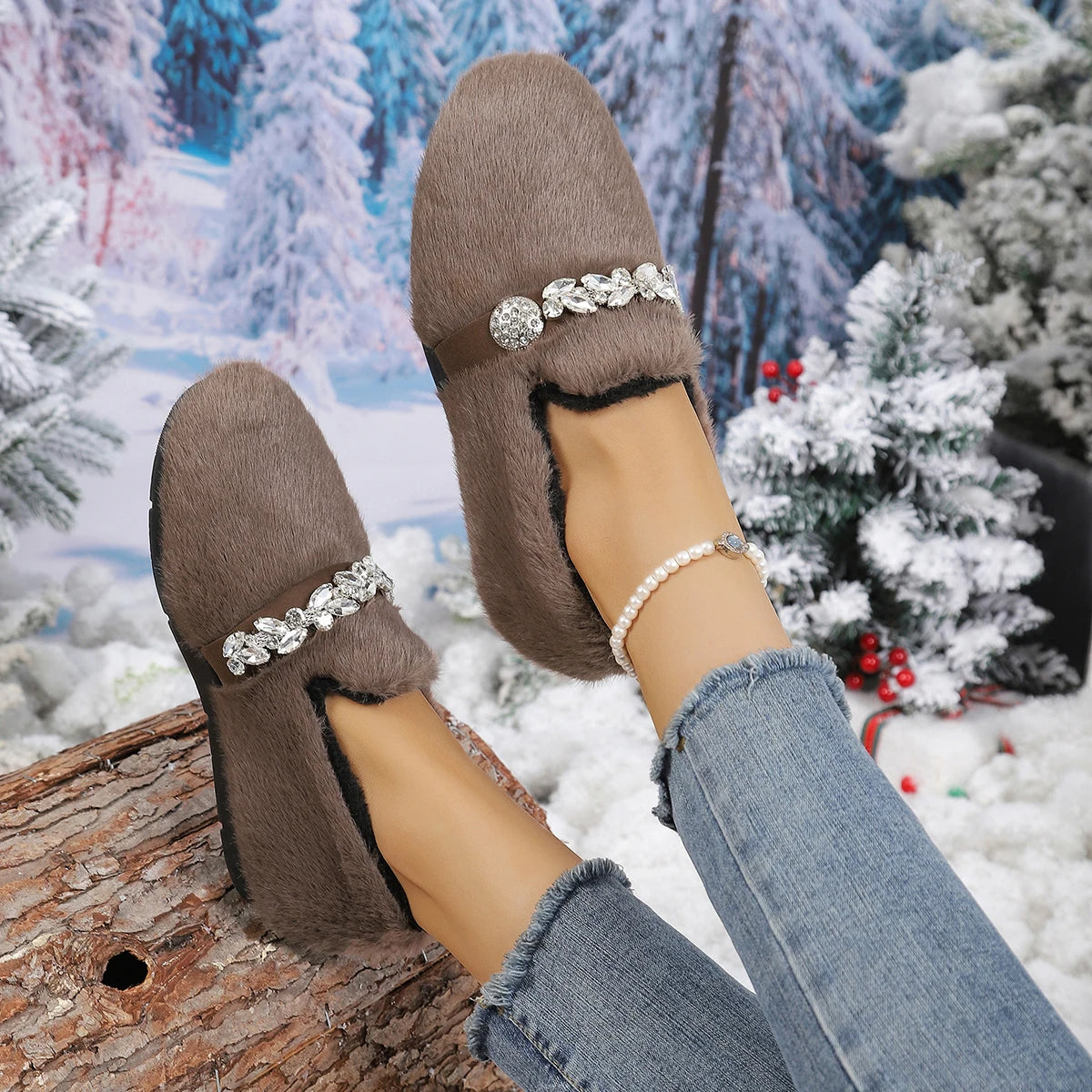 Liorenne - Sapatos Femininos de Inverno com Pelo e Brilho