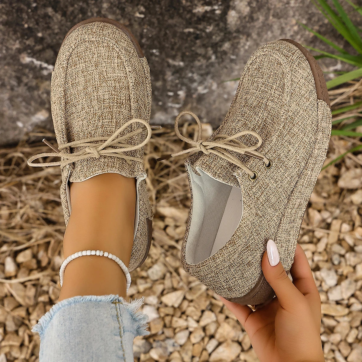 Livenna - Sapatos Barefoot Femininos em Tecido com Atacadores e Sola Confortável