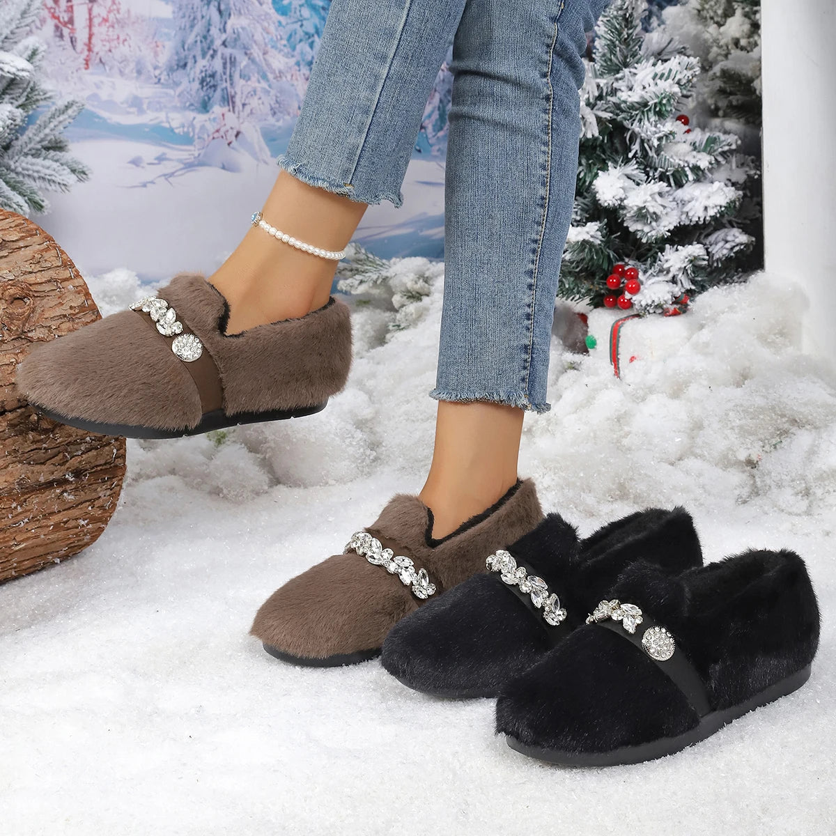 Liorenne - Sapatos Femininos de Inverno com Pelo e Brilho