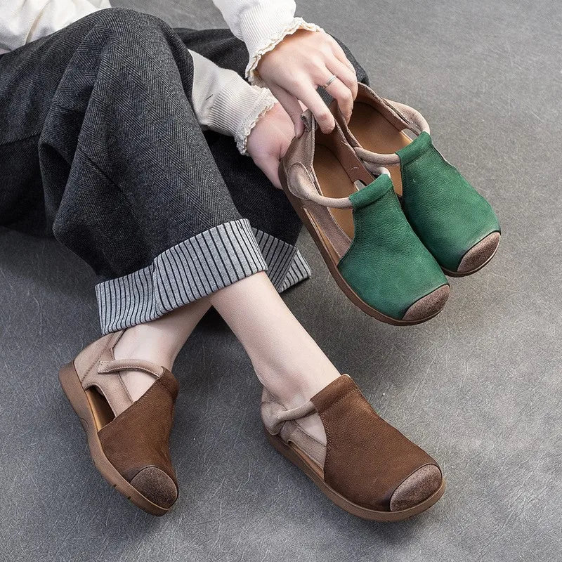 Vintage Aura – Sandálias em couro genuíno de estilo retro para mulher