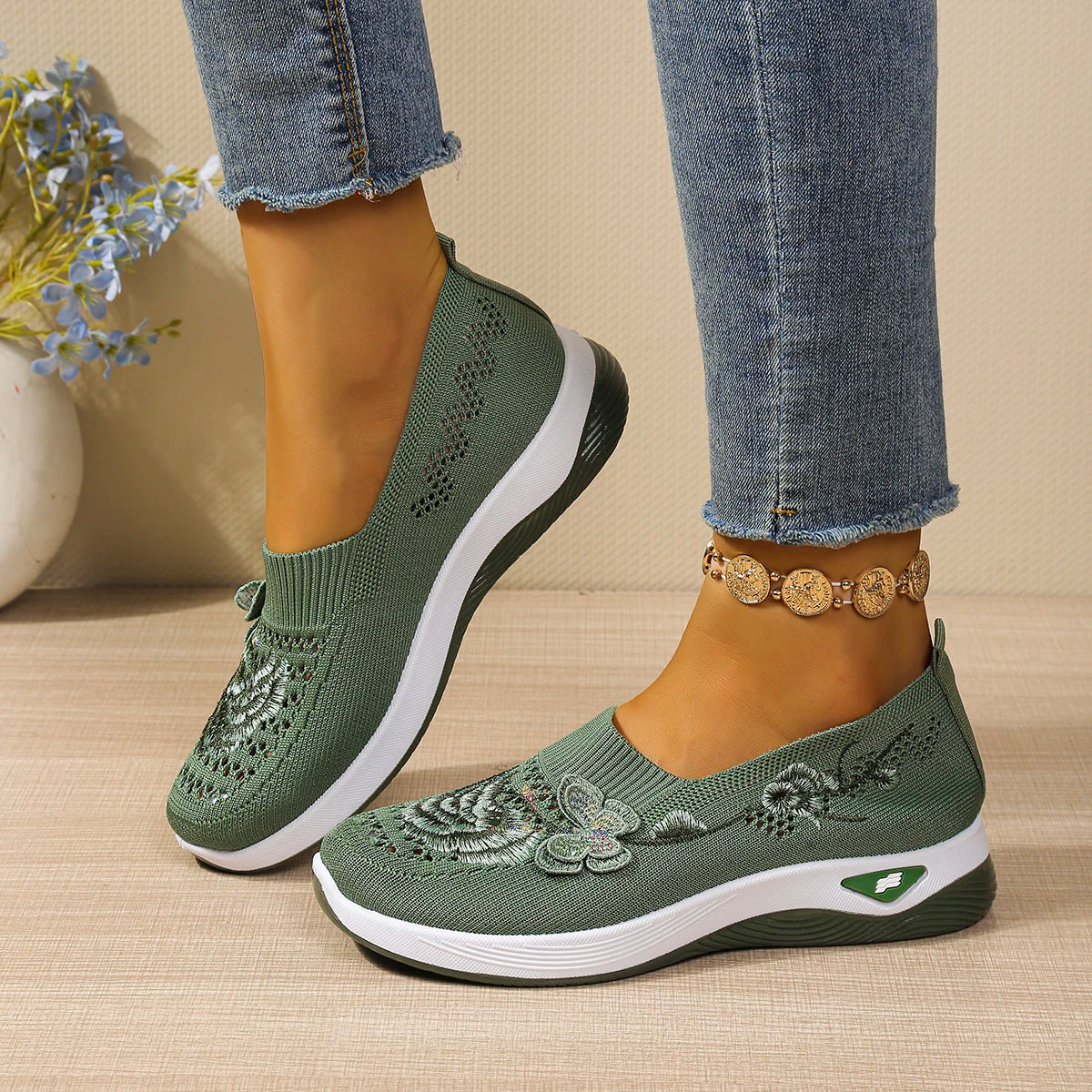 FloraStep Knit – Sapatos barefoot respiráveis com bordado floral unissexo