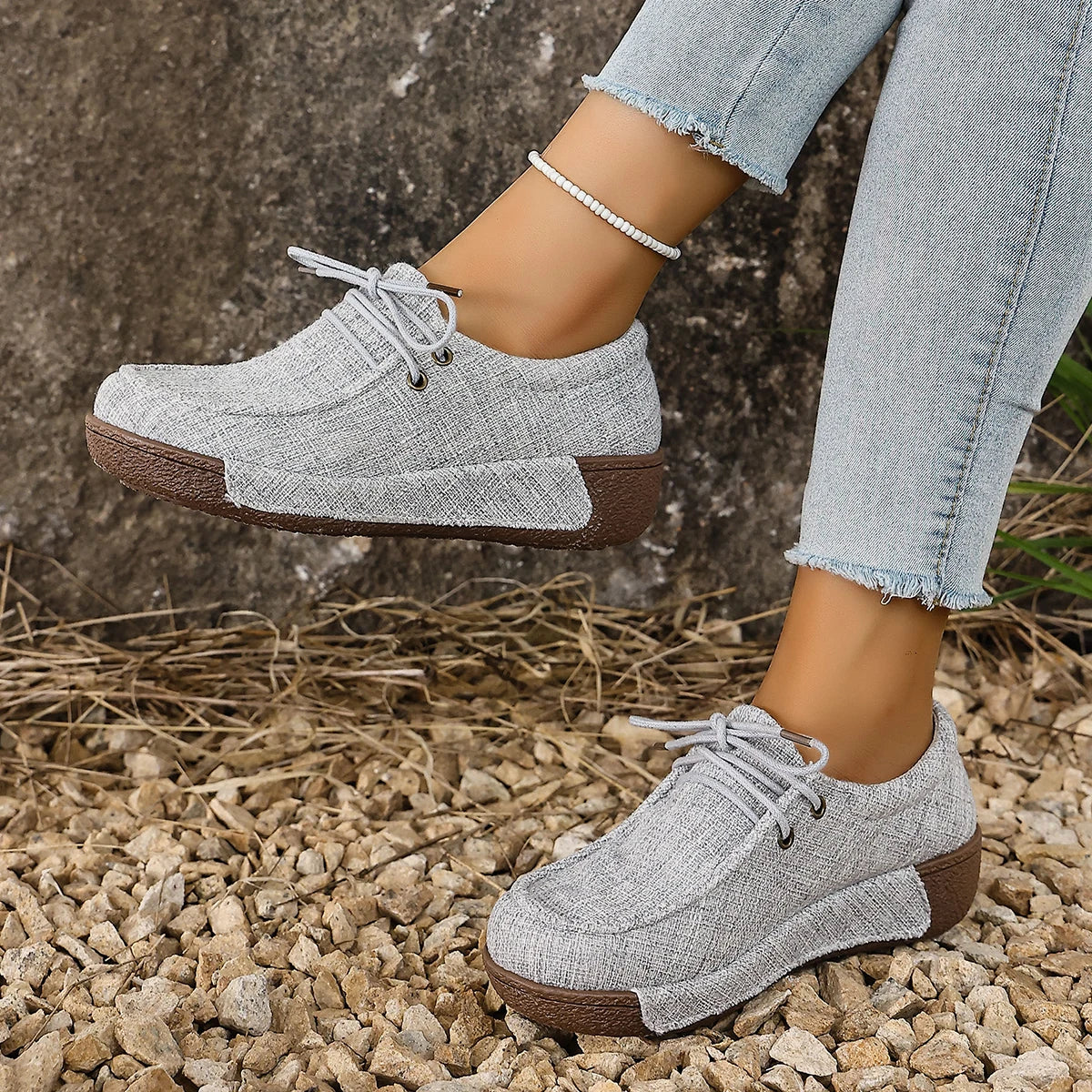 Livenna - Sapatos Barefoot Femininos em Tecido com Atacadores e Sola Confortável