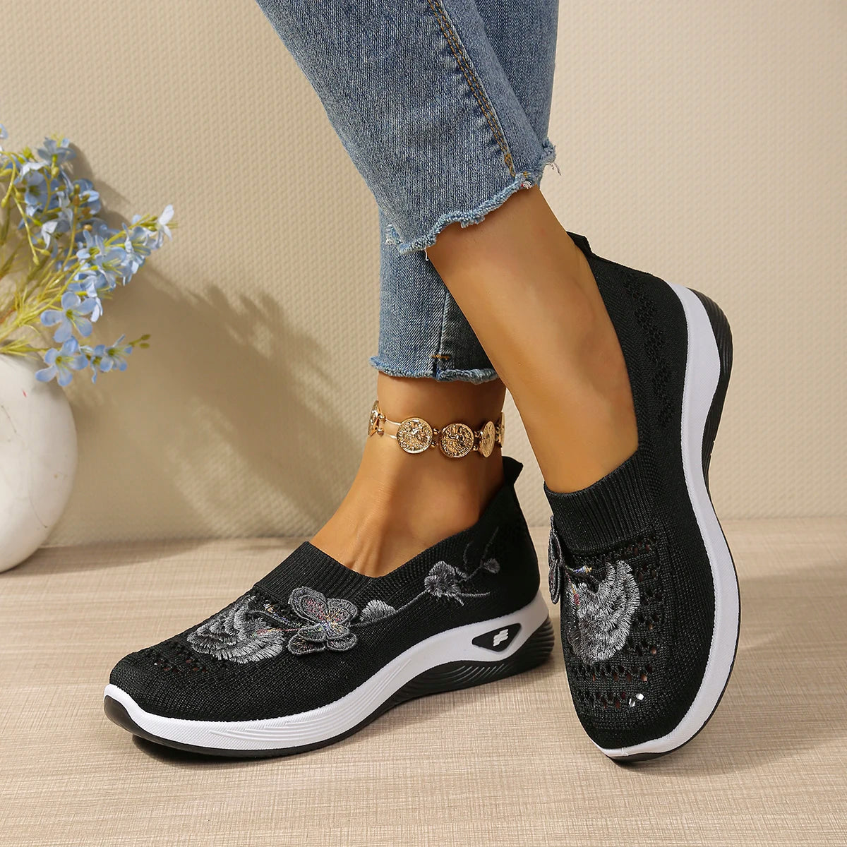 FloraStep Knit – Sapatos barefoot respiráveis com bordado floral unissexo